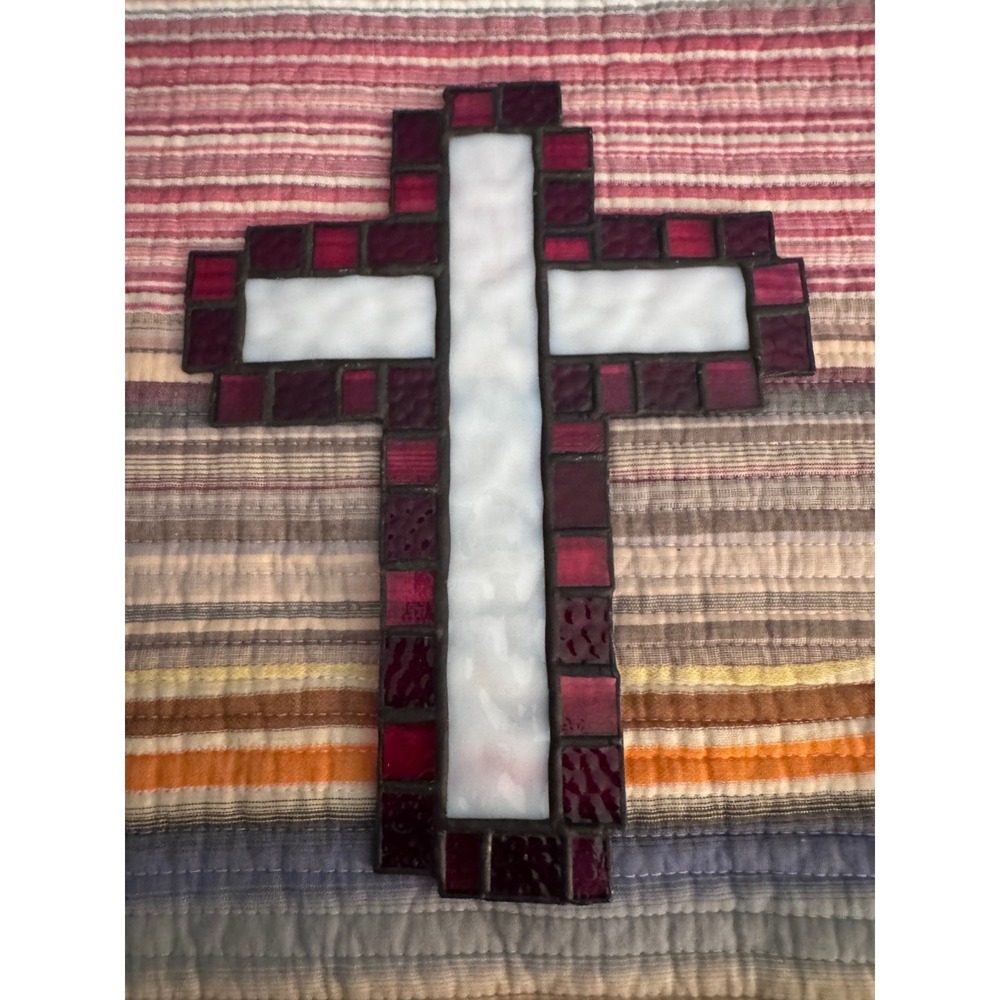 Handmade Stained Glass Cross Wall Hanging Red White Suncatcher 10.5"